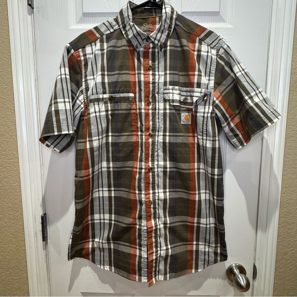 Carhartt Relaxed Fit Men's Medium Plaid Short Sleeve Button Down Green Orange